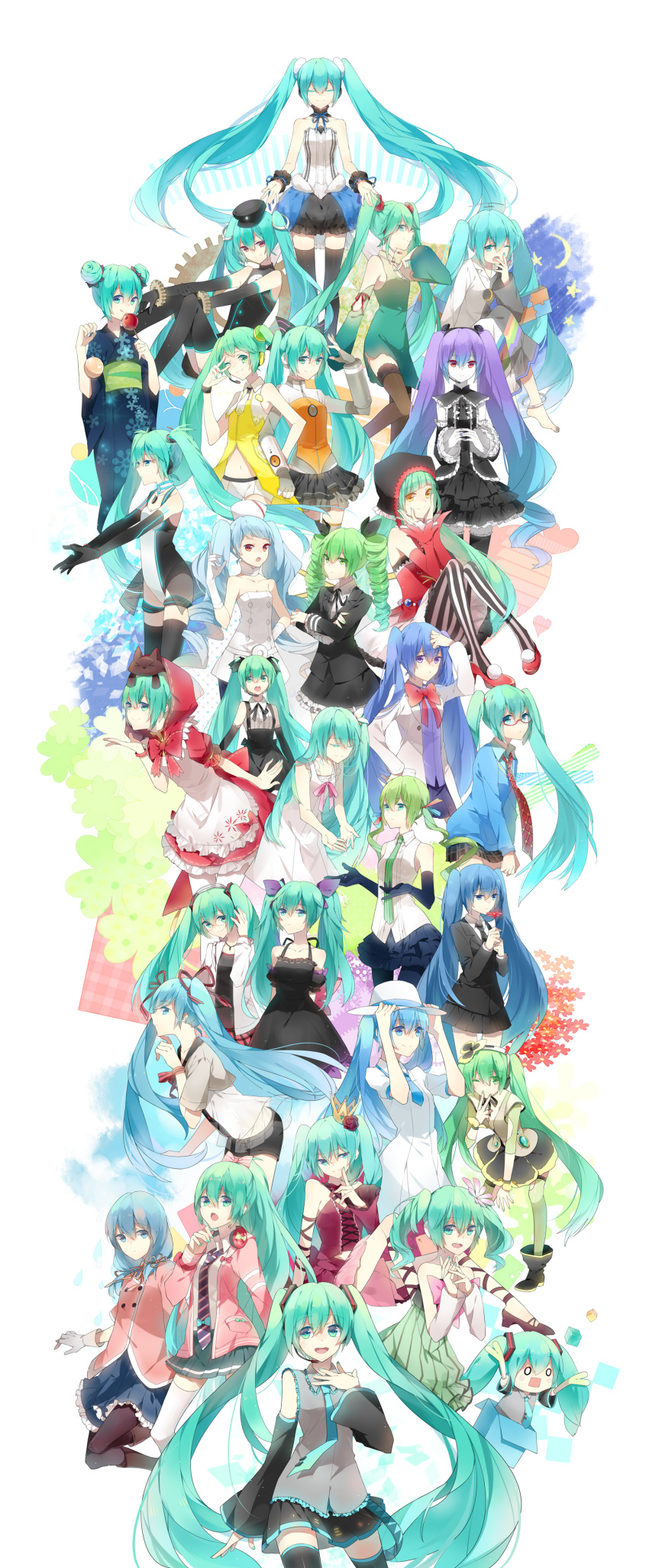 7th_dragon_2020 absurdres acute_(vocaloid) candy_apple cat_food_(vocaloid) closed_eyes colorful_x_melody_(vocaloid) crown detached_sleeves dress earmuffs elbow_gloves eyes_closed flower frills gears glasses gloves grimm's_fairy_tales hachune_miku hair_flower hair_ornament hair_ribbon hand_on_hip hat hatsune_miku hatsune_miku_no_gekishou_(vocaloid) headset highres himitsu_keisatsu_(vocaloid) japanese_clothes jewelry kimono kocchi_muite_baby_(vocaloid) koiiro_byoutou_(vocaloid) lace lace-trimmed_thighhighs leaning_forward leotard little_red_riding_hood little_red_riding_hood_(cosplay) little_red_riding_hood_(grimm) long_hair navel necklace necktie nurse odds_&amp;_ends_(vocaloid) open_mouth p0ckylo pantyhose project_diva project_diva_2nd project_diva_extend project_diva_f puzzle_(vocaloid) race_queen ribbon romeo_to_cinderella_(vocaloid) sadistic_music_factory_(vocaloid) saihate_(vocaloid) shorts sitting skirt smile songover spring_onion thigh-highs thighhighs twintails v vertical-striped_legwear vertical_stripes very_long_hair vocaloid wink world's_end_dancehall_(vocaloid) yawning yellow_(vocaloid) yukata
