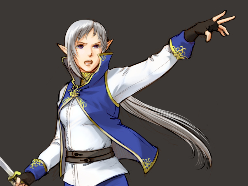 androgynous belt commentary elf fingerless_gloves gloves high_collar long_hair magical_ondine open_mouth pointing pointing_forward pointy_ears ponytail purple_eyes rf_online silver_hair simple_background solo sword violet_eyes weapon