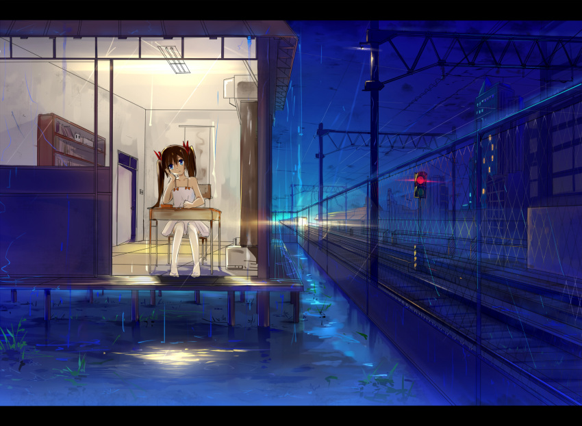 baisi_shaonian blue_eyes book bookshelf brown_hair building fence grass haraguroi_you highres house letterboxed long_hair night original railroad_signal railroad_tracks rain ribbon solo table traffic_light twintails