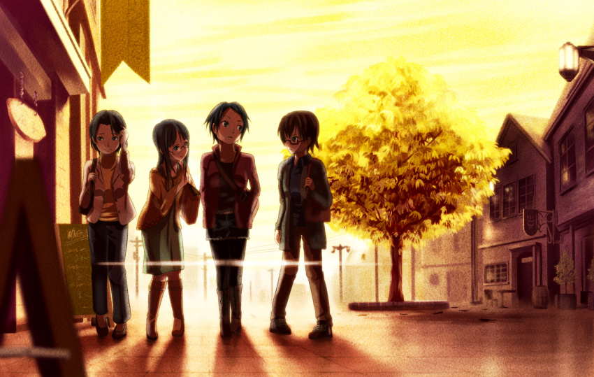 black_hair extra glasses hashiribe k-on! lens_flare long_hair manabe_nodoka multiple_girls sakuma_eiko sakuma_hideko sakurai_natsuka scenery short_hair sunset takahashi_fuuko