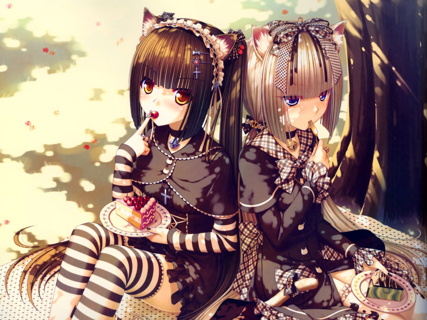 2girls animal_ears bell black_hair blue_eyes bow brown_hair buttons cake capelet cat_ears cat_tail cherry chocolat_(sayori) choker cropped cross eating fingernails flower food fork frills fruit garters gothic_lolita hair_bow hair_ornament hair_ribbon hairclip highres jewelry jingle_bell lolita_fashion long_hair maid_headdress multiple_girls nail_art nail_polish orange_eyes original pastry picnic plaid recolored ribbon ring sayori shadow short_hair sitting skirt slit_pupils strawberry striped striped_legwear tail tail_ribbon thigh-highs thighhighs tree tsurime twintails uniform vanilla_(sayori) very_long_hair white_hair zettai_ryouiki