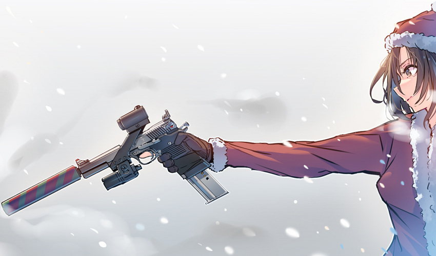 1girl aiming brown_eyes brown_gloves brown_hair commentary_request daito from_side fur-trimmed_headwear fur-trimmed_jacket fur-trimmed_sleeves fur_trim gloves grey_background gun handgun hat holding holding_gun holding_weapon jacket long_sleeves looking_at_viewer looking_to_the_side medium_hair original pistol profile red_headwear red_jacket santa_costume santa_hat snow snowing solo suppressor trigger_discipline weapon weapon_request