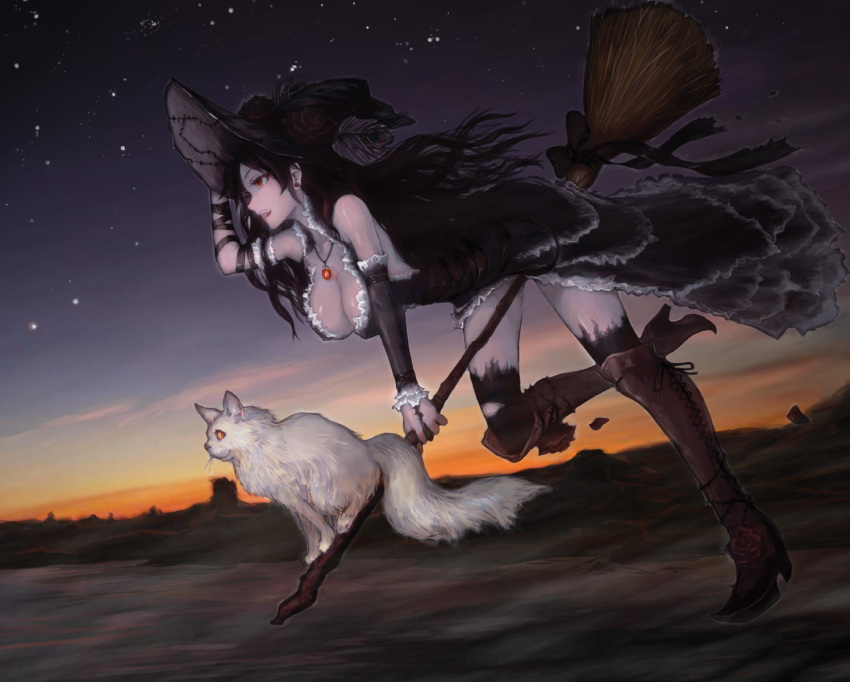 bare_shoulders black_dress black_hair black_legwear boots breasts broom broom_riding cat cleavage detached_sleeves dress hat highres holding jewelry lips long_hair necklace night night_sky open_mouth original pendant red_eyes red_hair redhead ribbon sasagawa_(haikaiki) sitting sky smile solo sunset thigh-highs thigh_boots thighhighs witch_hat