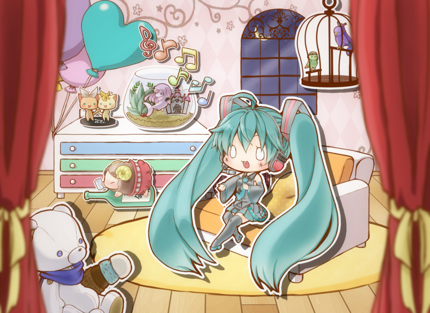 :3 ahoge animalization aqua_hair argyle argyle_background balloon bird birdcage boots cage cat chibi couch curtains detached_sleeves fishbowl food goggles goggles_on_head gumi hatsune_miku headset highres ice_cream ichinose_natsuki kagamine_len kagamine_rin kaito kamui_gakupo long_hair megurine_luka meiko musical_note necktie open_mouth outstretched_arm sitting skirt solo stuffed_animal stuffed_toy teddy_bear thigh-highs thigh_boots thighhighs twintails very_long_hair vocaloid window wooden_floor