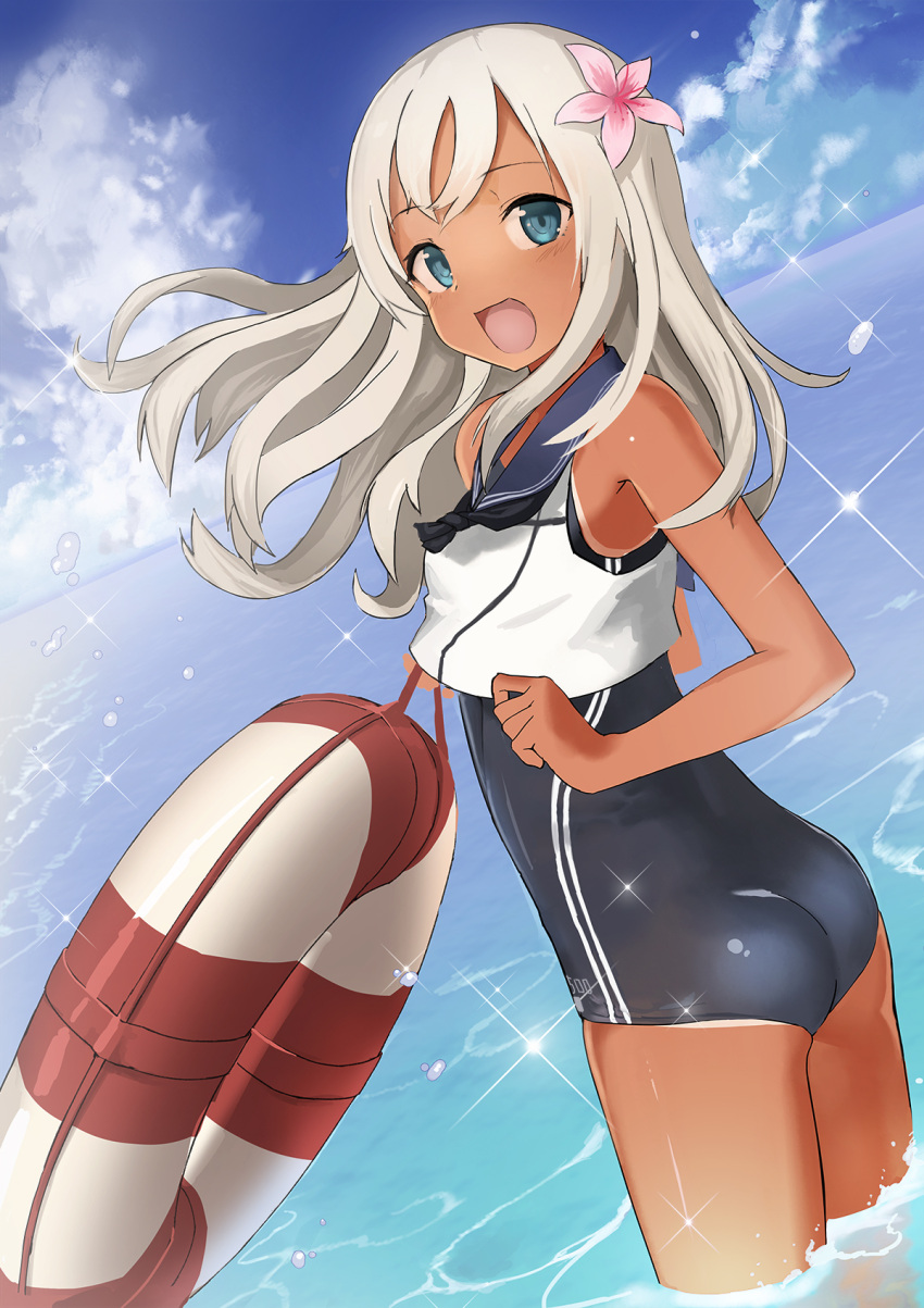 1girl :d bare_shoulders blonde_hair blue_eyes blue_sky ccaw crop_top flower hair_flower hair_ornament highres kantai_collection lifebuoy long_hair looking_at_viewer neckerchief ocean open_mouth ro-500_(kantai_collection) sailor_collar school_swimsuit sky smile solo swimsuit swimsuit_under_clothes tan tanline u-511_(kantai_collection) wading