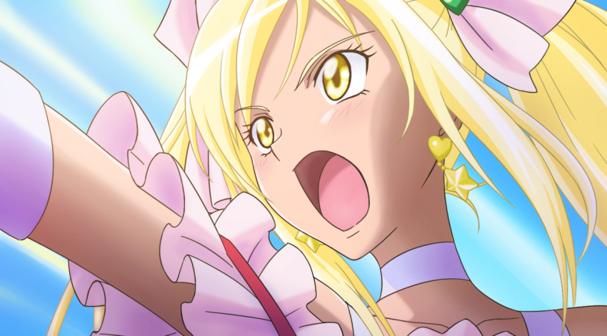 blonde_hair cure_echo earrings jewelry magical_girl official_style pettan_(areinn) precure precure_all_stars_new_stage:_mirai_no_tomodachi sakagami_ayumi shouting yellow_eyes