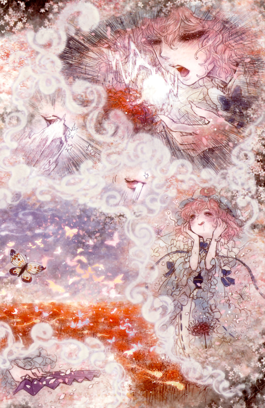 :q absurdres butterfly cherry_blossoms chibi closed_eyes comic eating eyes_closed fan flower folding_fan hands_on_own_face happy highres petals pink_hair saigyouji_yuyuko short_hair silent_comic solo spider_lily takatora tongue touhou