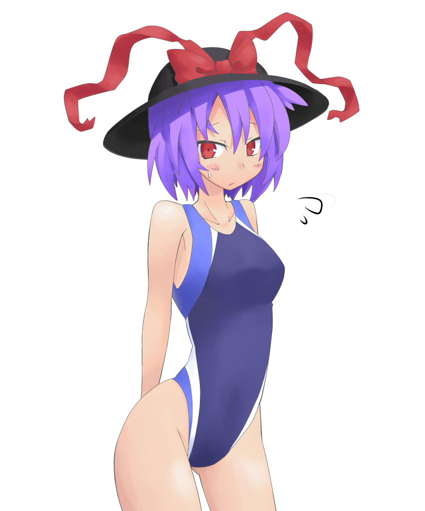 bow competition_swimsuit hat hat_bow highres nagae_iku one-piece_swimsuit purple_hair red_eyes route1911 short_hair solo swimsuit touhou