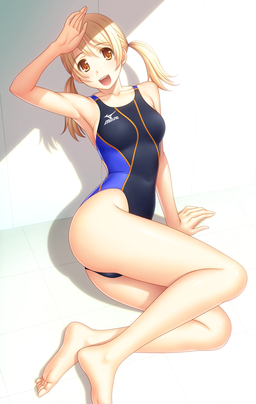 :d arm_up armpits barefoot blonde_hair breasts collarbone competition_swimsuit feet highres kuri_(kurigohan) looking_at_viewer mizuno one-piece_swimsuit open_mouth orange_eyes original shadow sitting smile solo sunlight swimsuit toes twintails
