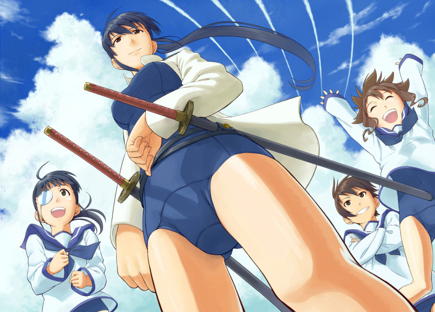 black_hair brown_eyes brown_hair cloud clouds condensation_trail eyepatch grin highres kitagou_fumika long_hair military military_uniform multiple_girls open_clothes open_jacket open_mouth ponytail quick10_117117 sakamoto_mio school_swimsuit school_uniform short_hair smile strike_witches swimsuit sword takei_junko uniform wakamoto_tetsuko weapon young