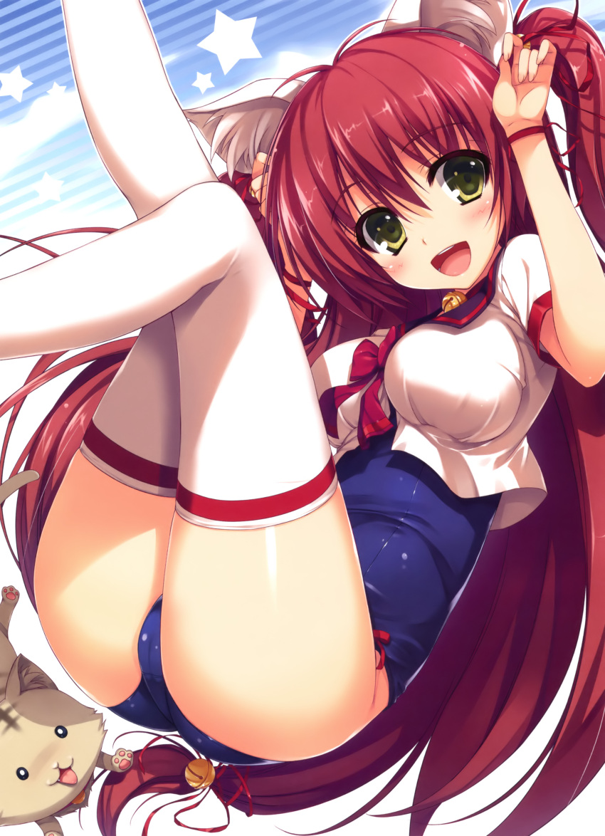 absurdres animal_ears bell bottomless cat cat_ears copyright_request green_eyes hair_bell hair_ornament hair_ribbon highres jingle_bell long_hair low-tied_long_hair no_pants red_hair redhead ribbon school_swimsuit school_uniform swimsuit swimsuit_under_clothes thigh-highs thighhighs tomose_shunsaku twintails two_side_up white_legwear yellow_eyes