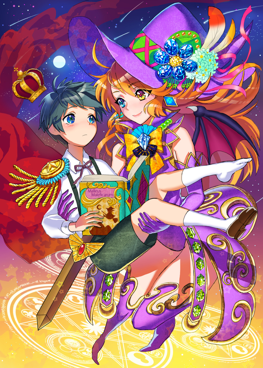 1girl absurdres ahoge baby-doll blue_eyes blush book boots carrying crown demon_wings earrings feathers green_hair hat heterochromia highres jewelry moon orange_hair original single_shoe smile star sword thigh-highs thigh_boots thighhighs weapon wings witch_hat yellow_eyes