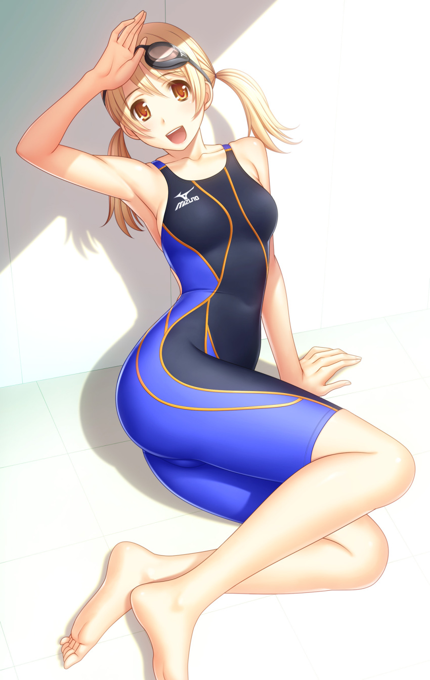 :d arm_up armpits barefoot blonde_hair breasts collarbone competition_swimsuit feet goggles goggles_on_head highres kuri_(kurigohan) looking_at_viewer mizuno one-piece_swimsuit open_mouth orange_eyes original shadow sitting smile solo sunlight swimsuit toes twintails wetsuit