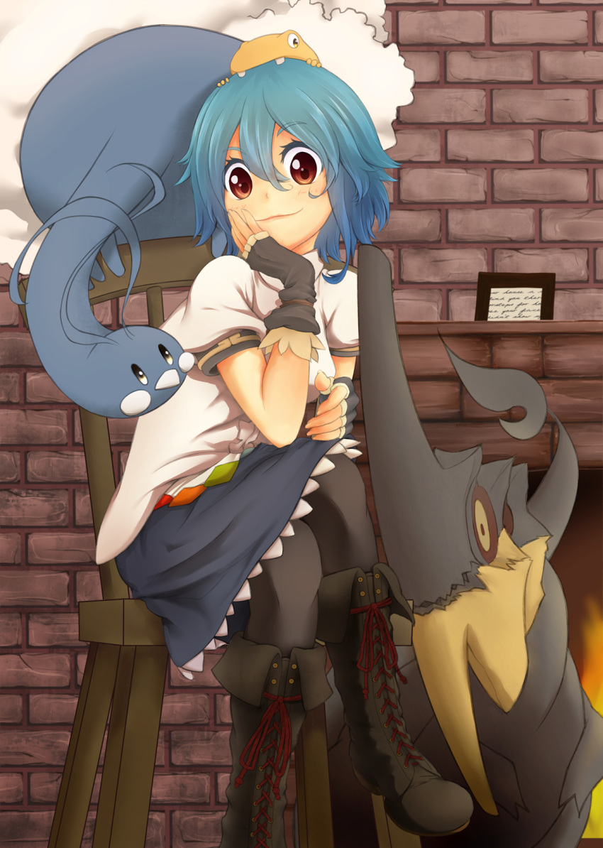 altaria alternate_hair_length alternate_hairstyle asupara black_gloves black_legwear blue_eyes boots chair chin_rest cross-laced_footwear crossed_legs crossover fingerless_gloves gloves highres hinanawi_tenshi lace-up_boots legs_crossed pantyhose pokemon red_eyes short_hair sitting smile solo touhou