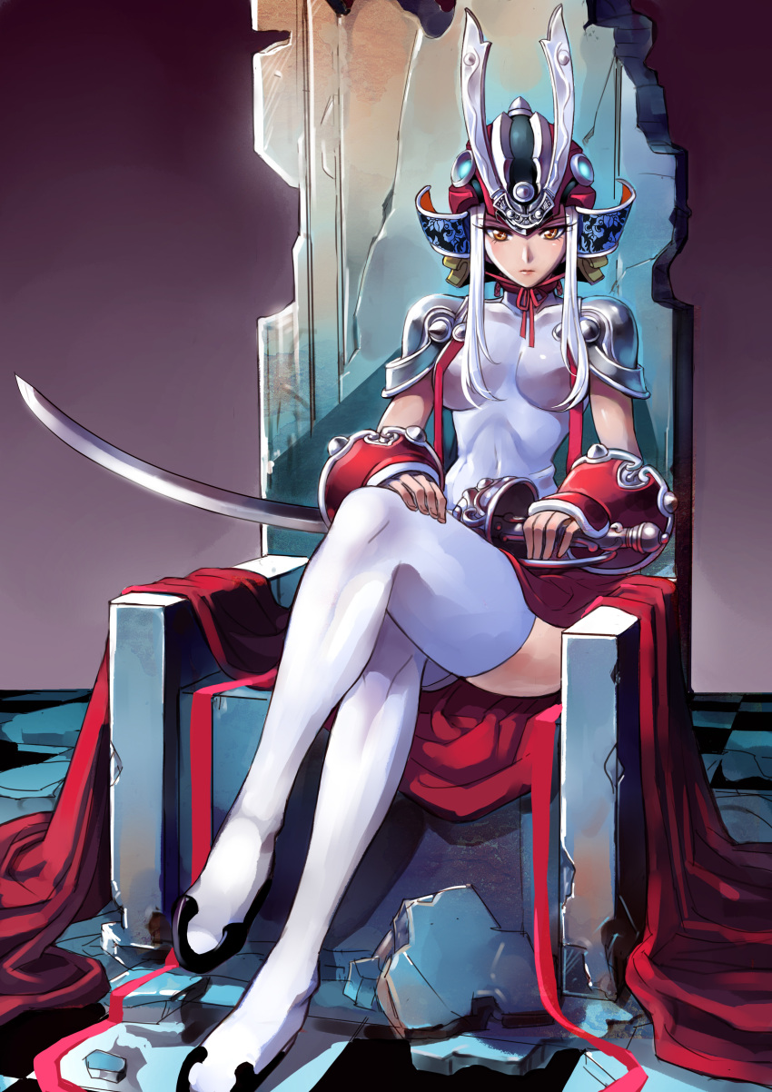 absurdres chair character_request checkered checkered_floor helmet highres holding lips looking_at_viewer pauldrons ribbon rubble samurai_spirit_yanwu sanzhuangwangcat sitting solo sword thigh-highs thighhighs weapon white_hair white_legwear yellow_eyes