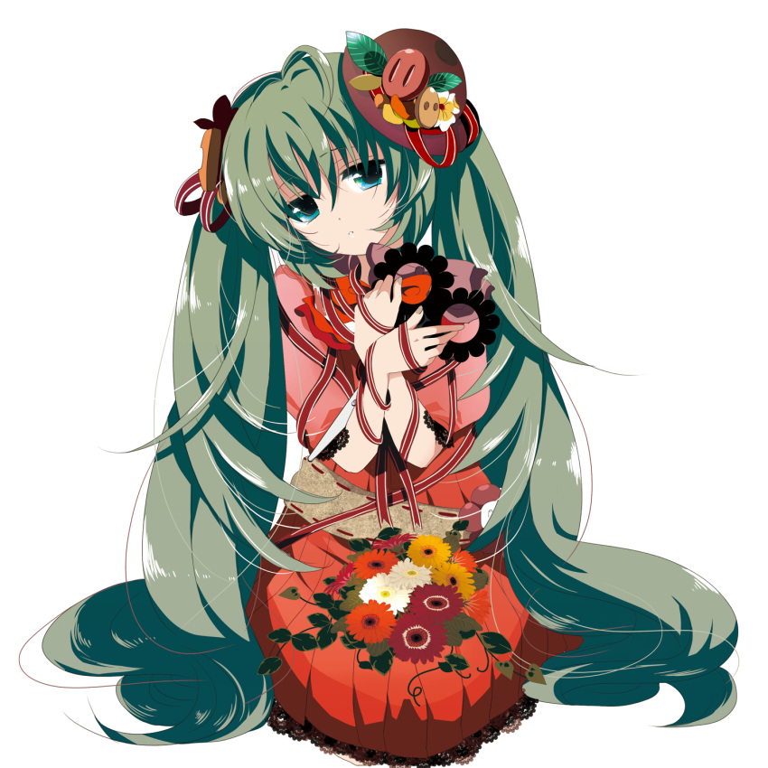 highres japanese_clothes kneeling long_hair marirero_a ribbon solo tied twintails vocaloid