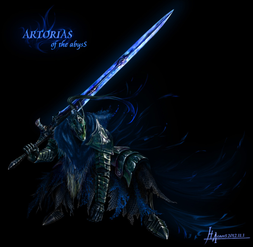 armor artorias_the_abysswalker damaged dark_souls full_armor gauntlets helmet highres huge_weapon knight male plume solo squatting sword weapon