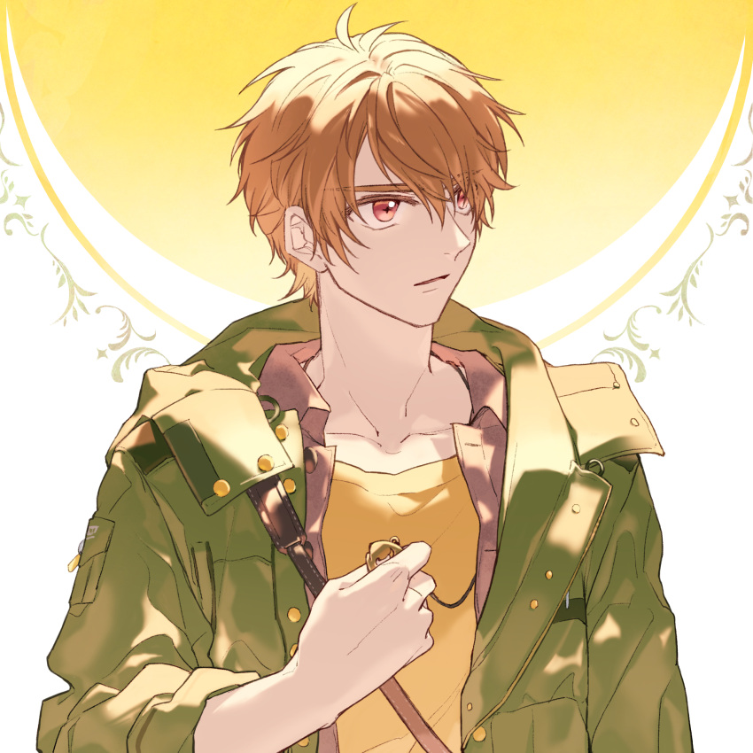 1boy bangs brown_eyes brown_hair green_jacket hair_between_eyes highres holding jacket jewelry key luke_pearce_(tears_of_themis) nacloooo necklace open_mouth shirt sleeves_rolled_up solo tears_of_themis white_background yellow_shirt