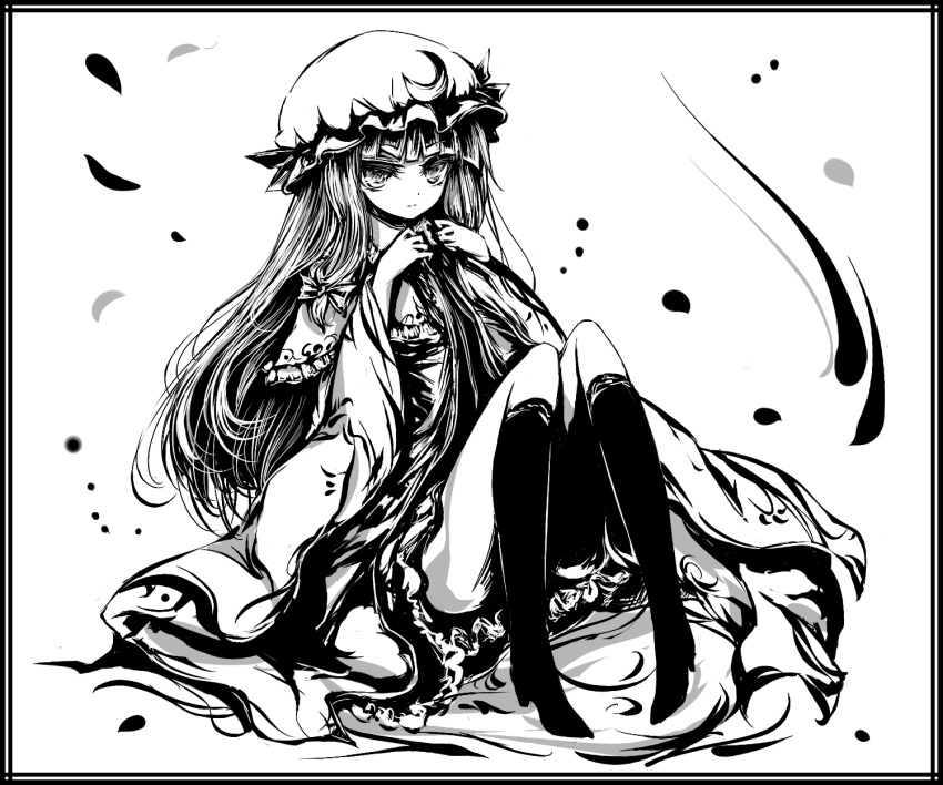 acryl bow crescent frills hair_bow hat highres long_hair monochrome patchouli_knowledge sitting solo touhou