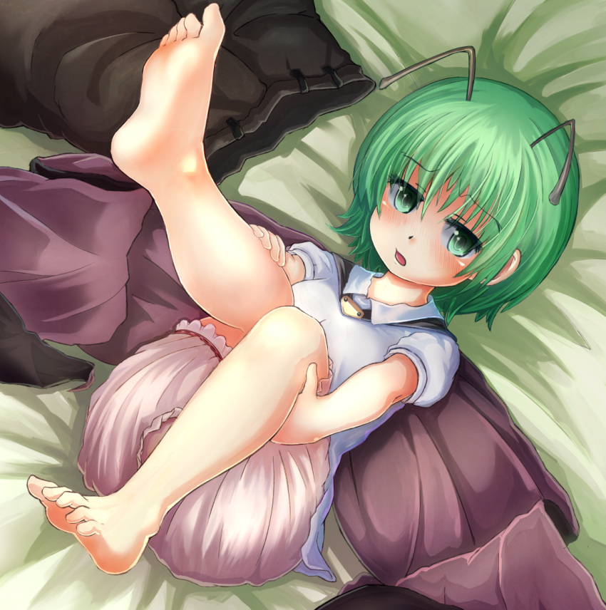 adworse antennae barefoot bloomers blush cape feet green_eyes green_hair legs_up no_shoes on_back on_bed open_mouth pants_removed pov_feet short_hair soles solo toes touhou wriggle_nightbug