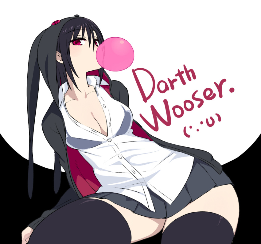 black_hair black_legwear breasts bubblegum chan_co character_name cleavage darth_wooser hips hooded_jacket hoodie looking_at_viewer open_clothes open_shirt original pleated_skirt red_eyes sitting skirt slender_waist solo thigh-highs thighhighs