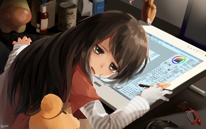 artist_name bags_under_eyes bangs bisonbison brown_eyes brown_hair computer_keyboard computer_mouse cup desk figure fingerless_gloves flat_gaze glasses glasses_removed gloves head_rest holding logitech logo long_hair monitor open_mouth original painttool_sai pen red-framed_glasses shirt short_over_long_sleeves smudgeguard_glove solo striped striped_shirt stuffed_animal stuffed_toy stylus swept_bangs tablet tablet/screen_hybrid tablet_pc teddy_bear tired wacom