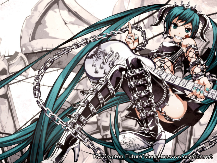 aqua_eyes aqua_hair bare_shoulders boots chain chains collar detached_sleeves dominatrix electric_guitar facial_tattoo garter_straps guitar hatsune_miku headphones headset high_heels highres horns instrument jewelry leather long_hair looking_at_viewer nail_polish ring shoes skirt smile solo spike tattoo thigh-highs thigh_boots thighhighs torigoe_takumi twintails very_long_hair vocaloid