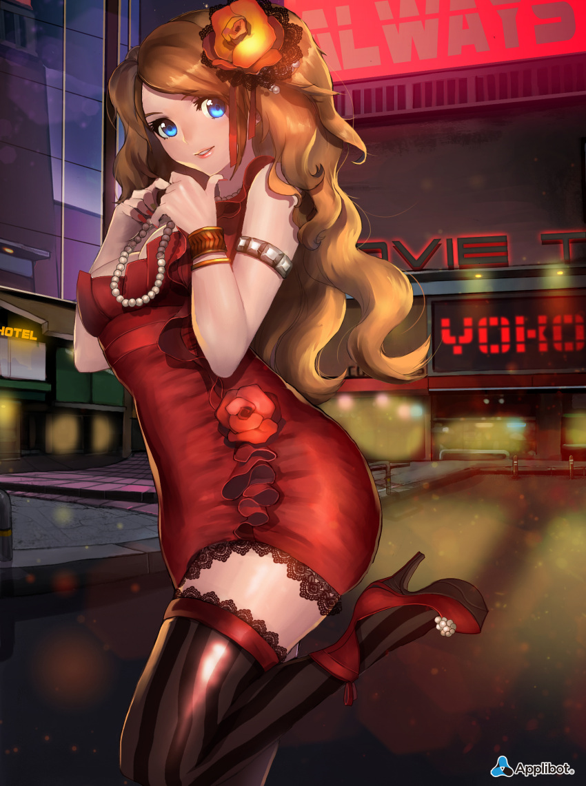 blue_eyes bracelet breasts brown_hair cleavage dress fingernails flower furyou_michi_~_gang_lord hair_flower hair_ornament high_heels highres jewelry leg_up lips long_hair nail_polish nal_(nal's_pudding) nal_(nal's_pudding) necklace original red_dress shoes smile solo thigh-highs thighhighs vertical-striped_legwear vertical_stripes watermark