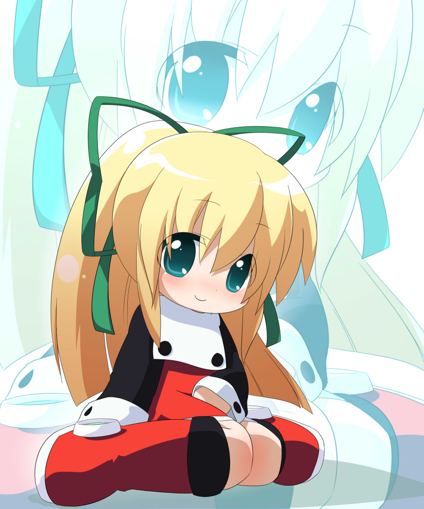 blonde_hair blue_eyes blush capcom highres loli megaman_(game) oka_(artist) oka_(bananashoe) ribbon robot rockman rockman_(classic) roll sitting solo zoom_layer