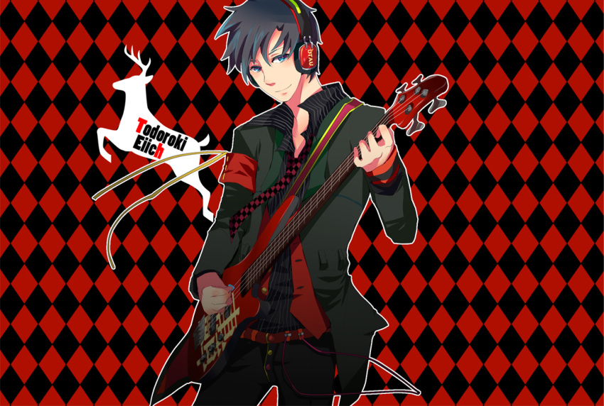 bass_guitar black_hair blue_eyes headphones instrument male necktie solo todoroki_eiichi umenosuke utau