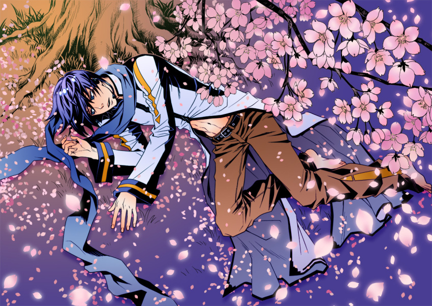 barefoot blue_eyes blue_hair cherry_blossoms from_above hands hitommy kaito lying male on_side petals scarf solo vocaloid