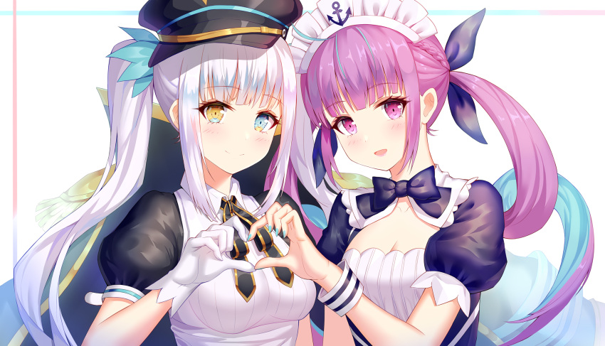 2girls :d aaeru anchor_symbol aqua_hair aqua_nails bangs black_hat black_neckwear black_ribbon blue_eyes blush bow bowtie braid breasts cleavage closed_mouth collared_dress commentary dress eyebrows_visible_through_hair french_braid gloves gold_trim hair_ornament hair_ribbon hat head_tilt headdress heart heart_hands heart_hands_duo heterochromia highres hololive kagura_mea kagura_mea_channel long_hair looking_at_viewer medium_breasts minato_aqua multicolored_hair multiple_girls nail_polish neck_ribbon open_mouth peaked_cap puffy_short_sleeves puffy_sleeves purple_hair ribbon short_sleeves side-by-side sidelocks smile streaked_hair twintails upper_body violet_eyes virtual_youtuber white_dress white_gloves white_hair wrist_cuffs yellow_eyes