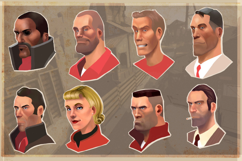 artist_request bald black_hair blonde_hair brown_hair cigarette everyone facial_hair goatee highres liquidsilk male missing_eye multiple_boys mustache necktie profile stubble team_fortress_2 the_demoman the_engineer the_medic the_pyro the_scout the_sniper the_soldier the_spy