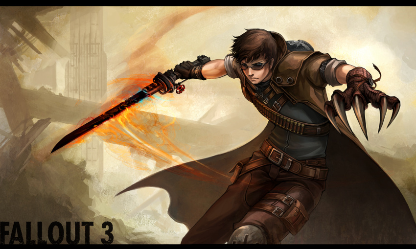 bandolier belt blue_eyes brown_hair claws fallout fallout_3 fire male overcoat ruins sandara shishkebab_(fallout) solo sunglasses sword weapon