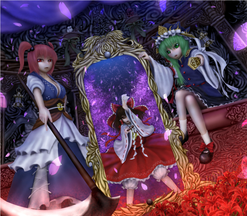 brown_hair cleavage detached_sleeves green_hair hair_bobbles hair_bow hair_ornament hakurei_reimu hat higanbana large_breasts mirror miyakouji onozuka_komachi phantasmagoria_of_flower_view red_eyes red_hair redhead reflection rod_of_remorse shikieiki_yamaxanadu short_hair spider_lily touhou twintails