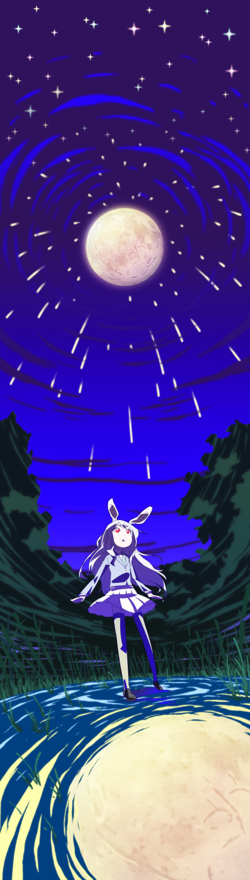 animal_ears bunny_ears highres long_hair long_image moon night rabbit_ears red_eyes reflection reisen_udongein_inaba scenery shokkin solo star tall_image thigh-highs thighhighs touhou