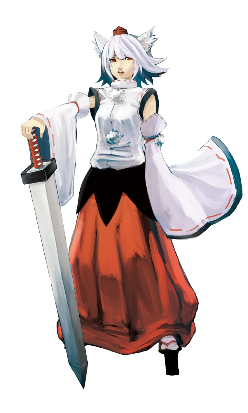 absurdres animal_ears detached_sleeves hat highres inubashiri_momiji japanese_clothes red_eyes sho_(gohan) short_hair silver_hair solo sword tokin_hat touhou transparent_background weapon white_hair wide_sleeves wolf_ears