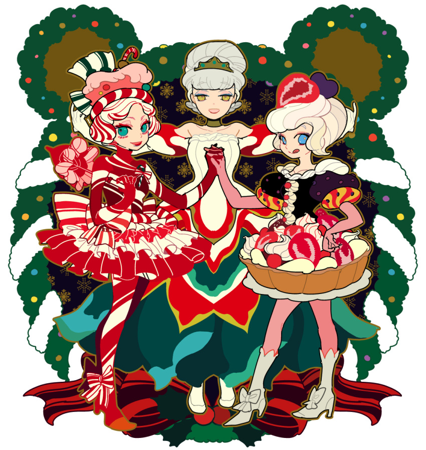 3girls :q bad_id blue_eyes cake_dress christmas disney food food_as_clothes food_themed_clothes fruit hair_as_food hand_holding high_heels holding_hands maruco multiple_girls pantyhose shoes standing strawberry tongue wreath yellow_eyes