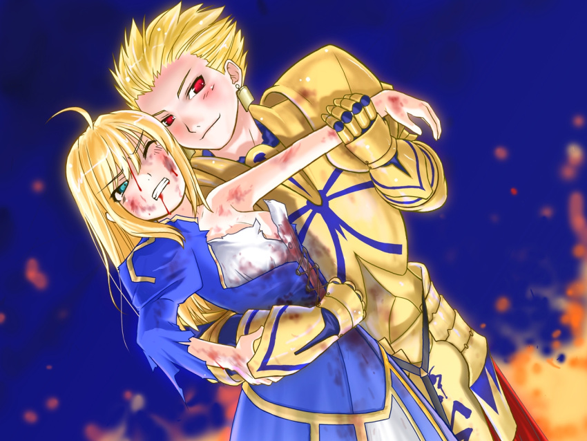 armor bad_end bare_shoulders blonde_hair blood blood_on_face blood_stain breasts bruise cleavage clenched_teeth dutch_angle fate/stay_night fate_(series) gilgamesh gold_armor green_eyes injury long_hair motsu_(artist) red_eyes saber smile torn_clothes wince wrist_grab