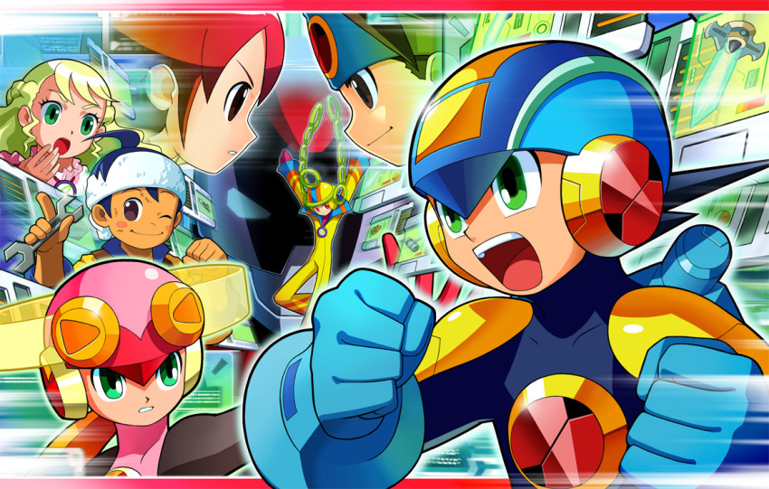 blonde_hair brown_eyes green_eyes helmet hikari_netto official_art rockman rockman_exe rockman_exe_(character) roll_exe sakurai_meiru sword weapon wrench