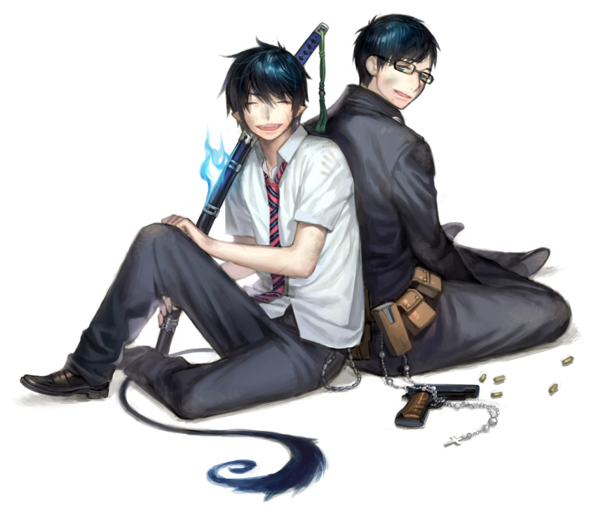 ao_no_exorcist black_hair blue_eyes brothers bullet closed_eyes cross fire glasses green_eyes gun katana male multiple_boys necktie noako okumura_rin okumura_yukio open_mouth pointy_ears school_uniform short_hair siblings smile striped striped_necktie sword tail weapon