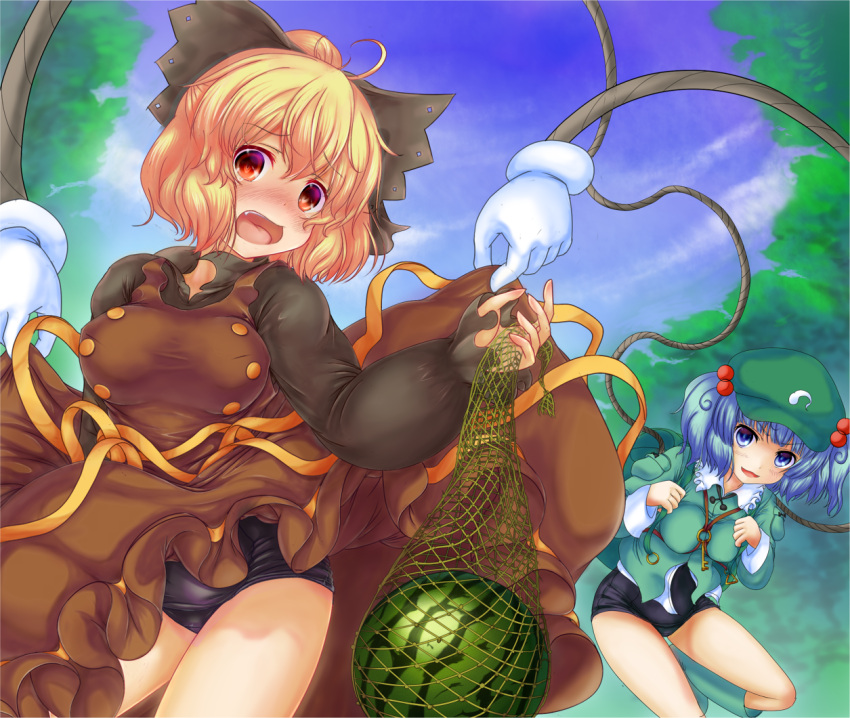backpack bag blonde_hair blue_eyes blue_hair blush dress em_s food fruit gloves hair_bobbles hair_ornament hat holding kawashiro_nitori key kurodani_yamame looking_at_viewer multiple_girls one-piece_swimsuit open_mouth red_eyes ribbon school_swimsuit skindentation swimsuit swimsuit_under_clothes touhou twintails watermelon