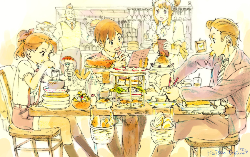 3boys baguette bread chair chicken_(food) chopsticks dish eating food fork formal glass hungry kaisen menu mouth_hold multiple_boys multiple_girls original pale_color peaceful pizza plate ponytail restaurant salad sandwich scone sitting suit table waiter waitress