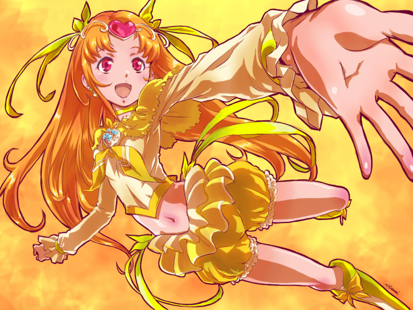 boots brooch brown_hair bubble_skirt cure_muse cure_muse_(yellow) heart highres jewelry long_hair magical_girl midriff navel open_mouth pink_eyes precure ryon shirabe_ako solo suite_precure tiara yellow_background