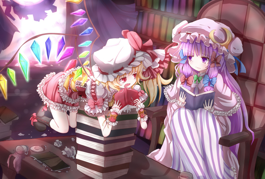 2girls bad_anatomy bad_hands blonde_hair book bookshelf bow chair crescent dress embellished_costume fang flandre_scarlet haru_ion hat highres hong_meiling library long_hair multiple_girls patchouli_knowledge purple_eyes reading red_eyes ribbons short_hair side_ponytail simple_background touhou vampire very_long_hair violet_eyes voile wings wrist_cuffs