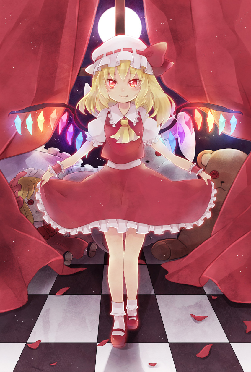 ascot blonde_hair bobby_socks bow button_eyes checkered checkered_floor curtsey doll fang flandre_scarlet full_moon hat hat_bow highres mary_janes moon night night_sky petals red_eyes shoes short_hair side_ponytail skirt skirt_hold skirt_set sky smile socks solo stuffed_animal stuffed_bunny stuffed_toy teddy_bear touhou wings wrist_cuffs yuya_(artist)