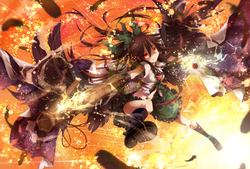 arm_cannon black_wings bow brown_hair cape chain chains energy_ball feathers grin hair_bow highres long_hair midriff navel open_clothes open_shirt red_eyes reiuji_utsuho shirt skirt smile solo third_eye touhou toutenkou weapon wings