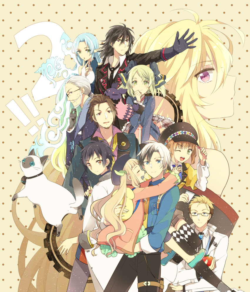 6+boys ;d alvin_(tales_of_xillia) beard beret black_hair blonde_hair blue_hair bow brown_eyes brown_hair capri_pants carrying cat closed_eyes elise_lutus elle_mel_martha everyone facial_hair formal gaias glasses gloves green_eyes hair_bow happy hat highres hug jude_mathis julius_will_kresnik leia_roland long_hair ludger_will_kresnik lulu_(tales_of_xillia_2) milla_maxwell multicolored_hair multiple_boys multiple_girls muse_(tales_of_xillia) mustache necktie open_mouth pants pointy_ears polka_dot polka_dot_background ponytail red_eyes rowen_j._ilbert sepia_background shoes short_twintails smile spandex suit tales_of_(series) tales_of_xillia tales_of_xillia_2 tayako tipo_(xillia) twintails two-tone_hair white_hair wink