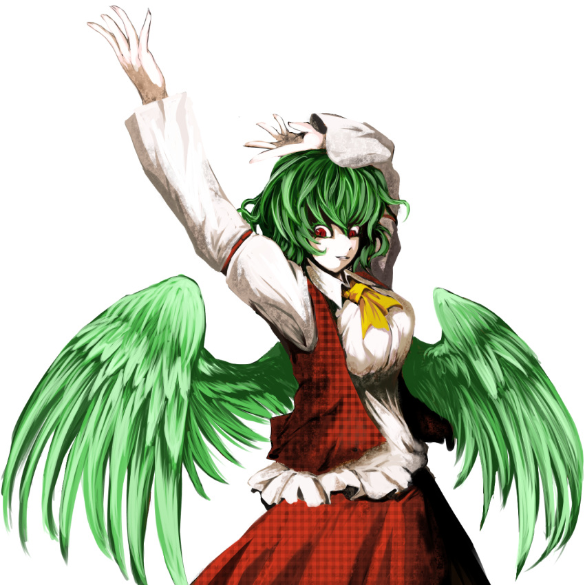 amatou3 arms_up colored_eyelashes feathered_wings green_hair highres kazami_yuuka outstretched_hand plaid plaid_vest red_eyes short_hair slit_pupils solo touhou transparent_background wings