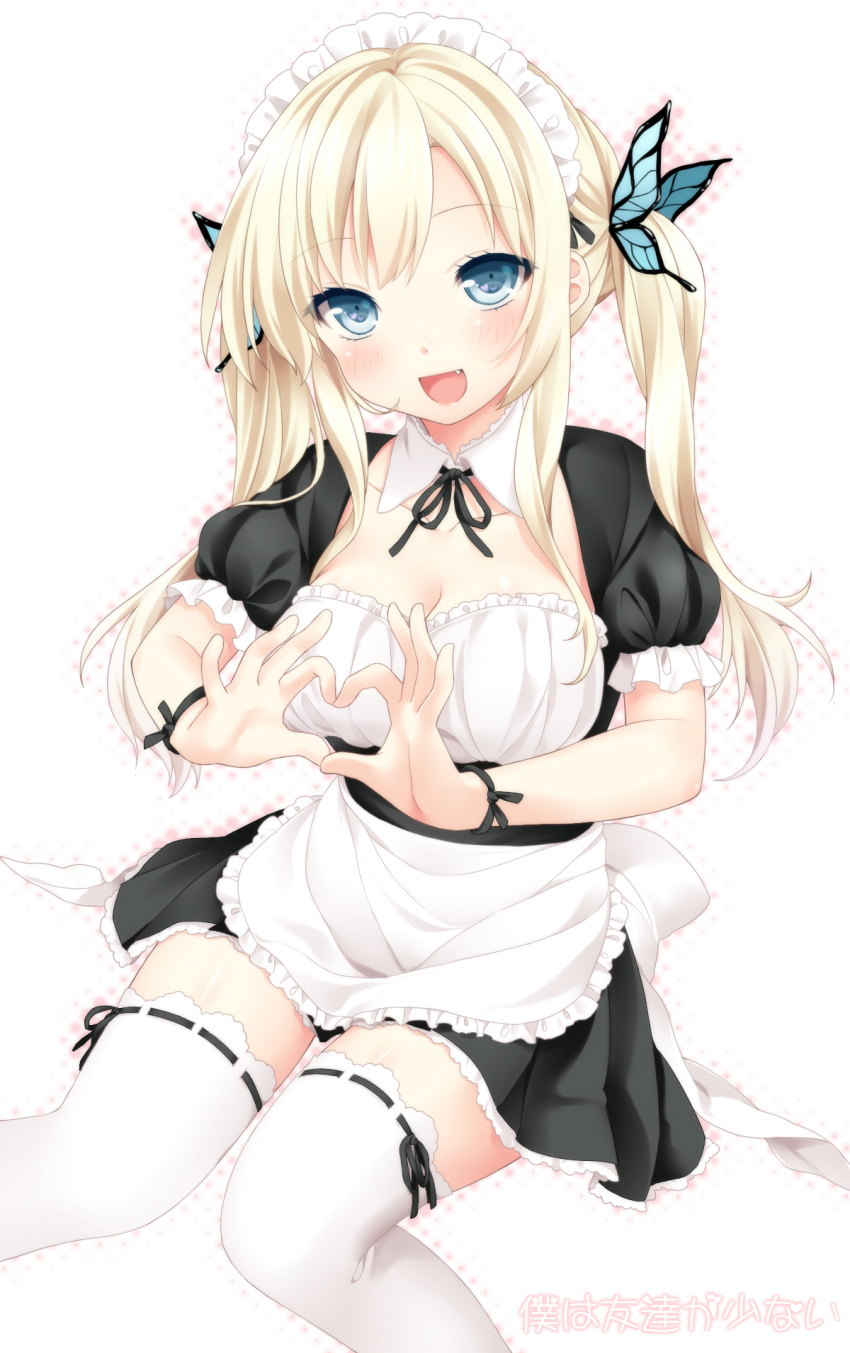 :d alternate_costume alternate_hairstyle apron blonde_hair blue_eyes blush boku_wa_tomodachi_ga_sukunai breasts butterfly_hair_ornament cleavage detached_collar enmaided etou_(cherry7) fang hair_ornament heart heart_hands highres kashiwazaki_sena long_hair maid maid_headdress open_mouth simple_background smile solo thigh-highs thighhighs translated twintails waist_apron white_background white_legwear